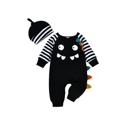 

IZhansean Newborn Boy Spring Fall Long Sleeve Monster Shape Stripes Onesies Babysuit Hat Outfits Infant Baby Romper Set Black 6-9 Months