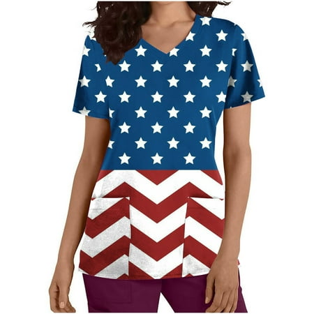 

OGLCCG Women s V-Neck American Flag Holiday Star Stripe Printed Patriotic Scrub Tops Scrubs for Women Workwear