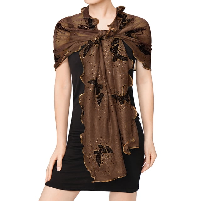 Mujeres Sheer gasa con volantes brillante mariposa Semi Sheer Rectangular bufanda chal abrigo protección solar marrón 170 x 40 cm / 66 7/8 x 15 3/4 inches (L*W)