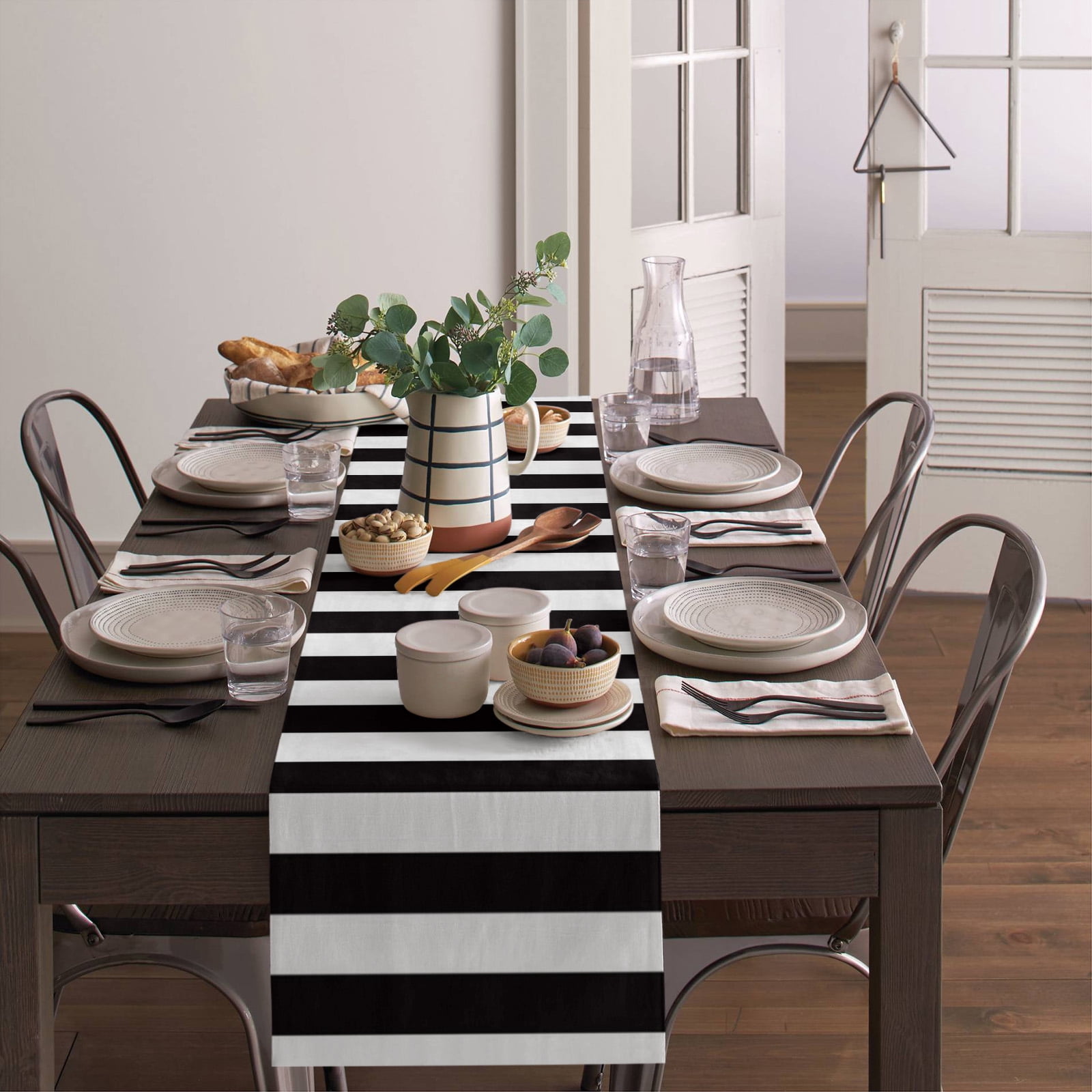 Simple Black White Stripes Table Runner Modern Stripes Tablerunners 13 x 90 Inch, Table Decorations Tabletop Scarf for Summer Gathering Holiday Farmhouse Kitchen Dining Decor