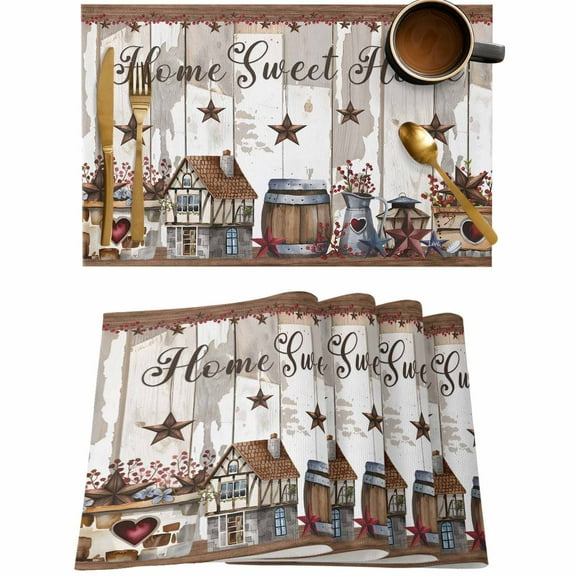 Country Star Farmhouse Home Placemats Set of 4,Wipeable Washable Table Mats for Dining Tables,Retro Brown Wood Board Place Mats for Kitchen Event Party Tabletop Decor