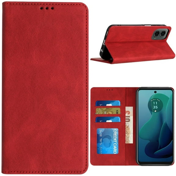 TJS for Motorola Moto Edge 5G 2024 Phone Case, PU Vegan Leather ID Card Holder Folio Flip Wallet Cover with Magnetic Closure for Moto Edge 5G 2024 (Red)