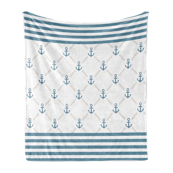 Anchor Soft Flannel Fleece Throw Blanket, Blue Stripes Frame Abstract Lines and Chain Symmetrical Pattern, Cozy Plush for Indoor and Outdoor Use, 70" x 90", Slate Blue White, by Ambesonne