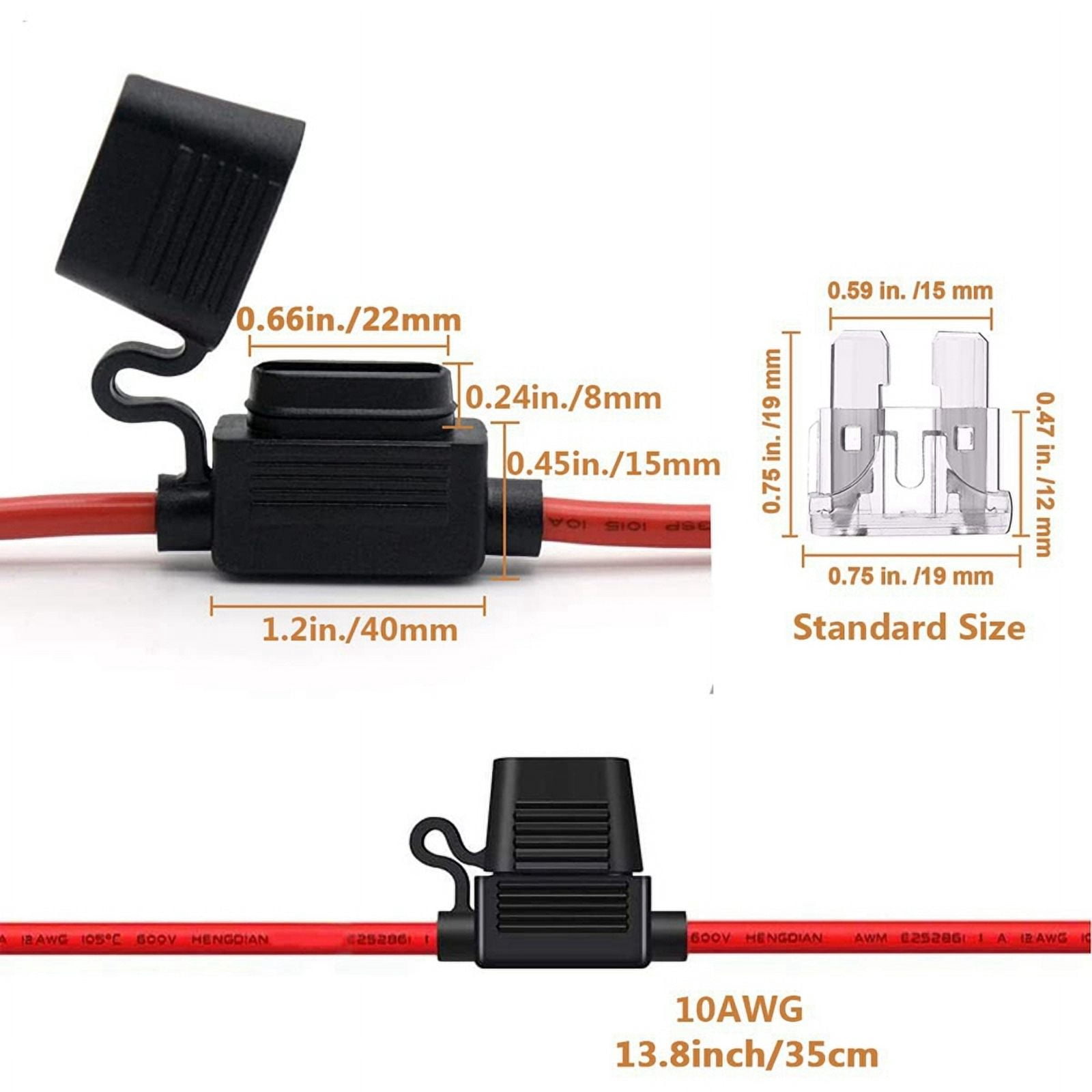 10 Gauge Fuse Holder - 10 AWG Inline Fuse Holder with 40 AMP ATC Blade Fuses (12pack) Automotive Retrofit Fuse Holder