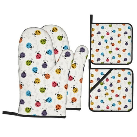 

Oven Mitts and Pot Holders 4 Piece Cute Ladybugs High Heat Slip Resistant Oven Mitt and Trivets Set Kitchen Oven Glove Pot Holders for Cooking Baking Grilling