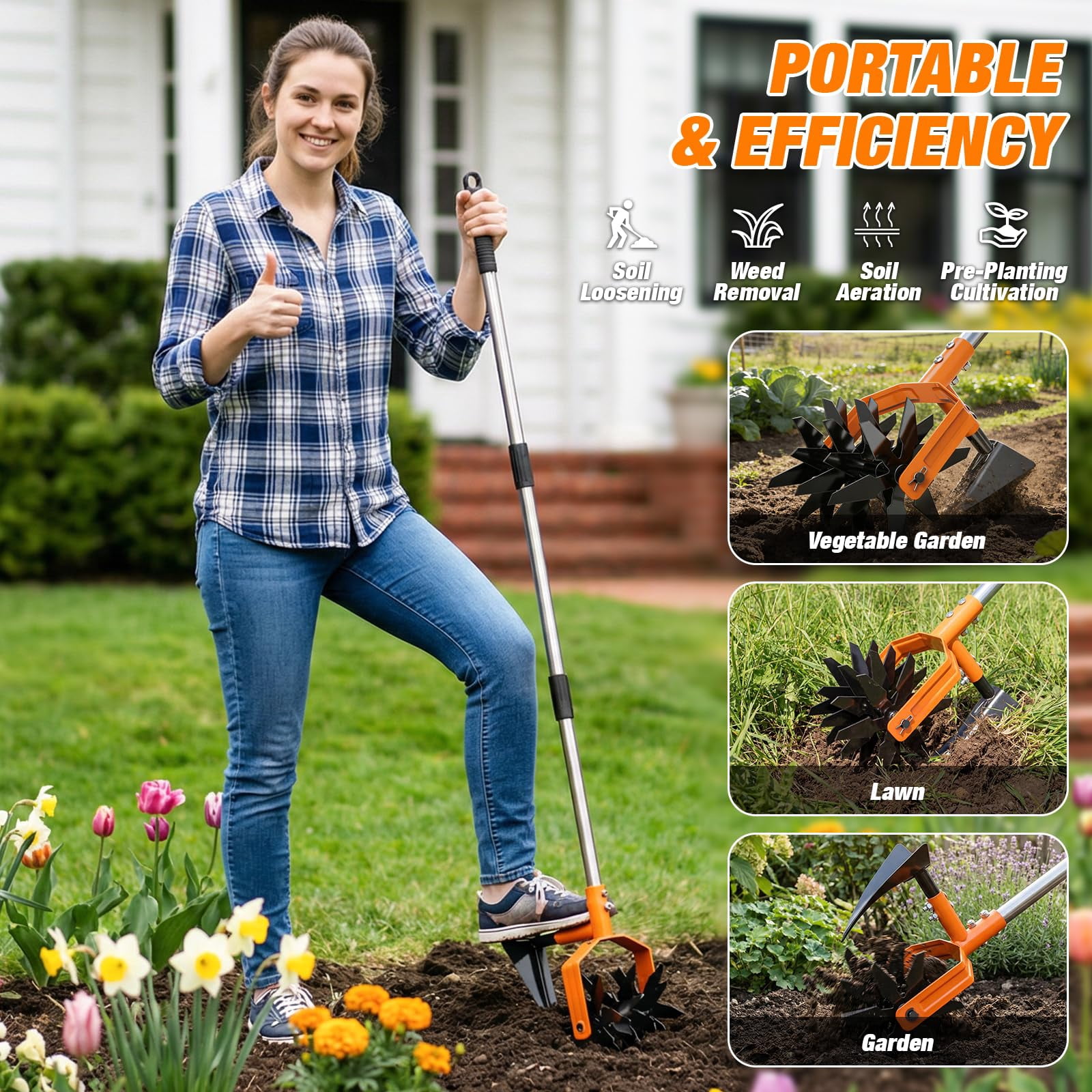 Hand Tiller Garden Cultivator  With Upgrated Triangle Hoe And Adjustable Long Handle 2-in-1 Weeder & Soil Aerator For Lawn Care Cultivate Plant Reseed Gardening Tools