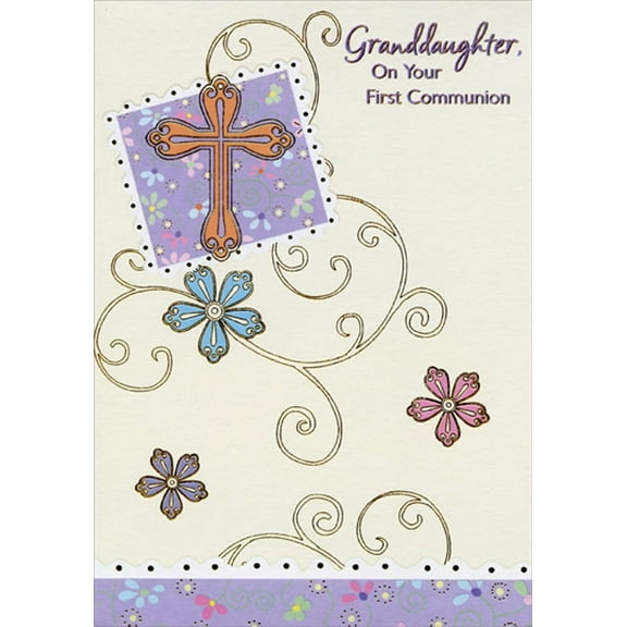 Designer Greetings Gold Lined Cross and Flowers 1st / First Communion Card for Granddaughter