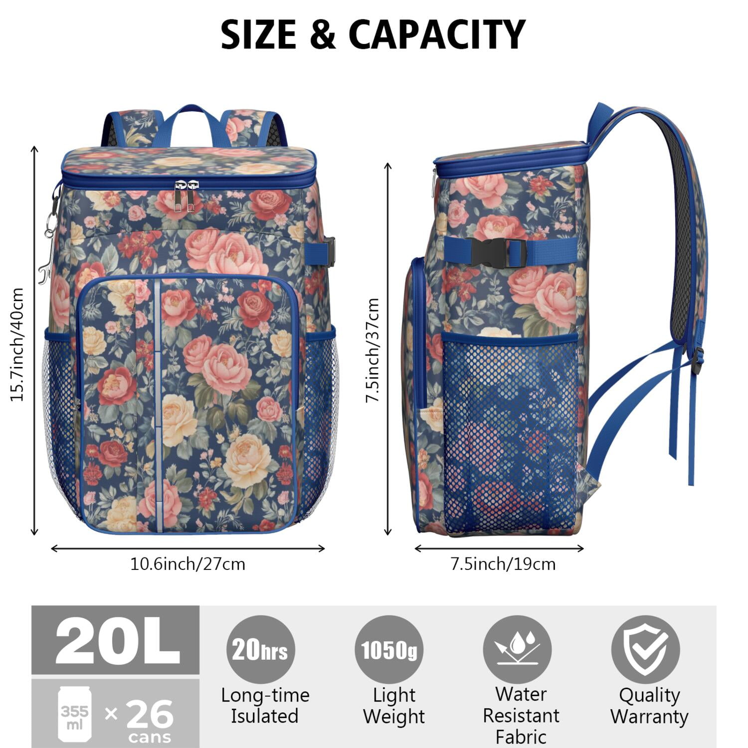 Travel Cooler Bag - Pioneer Flower Camping Beer Cooler Backpack with Bottle Opener- Waterproof Insulated Picnic Backpacks - Cooler Bag for Beach
