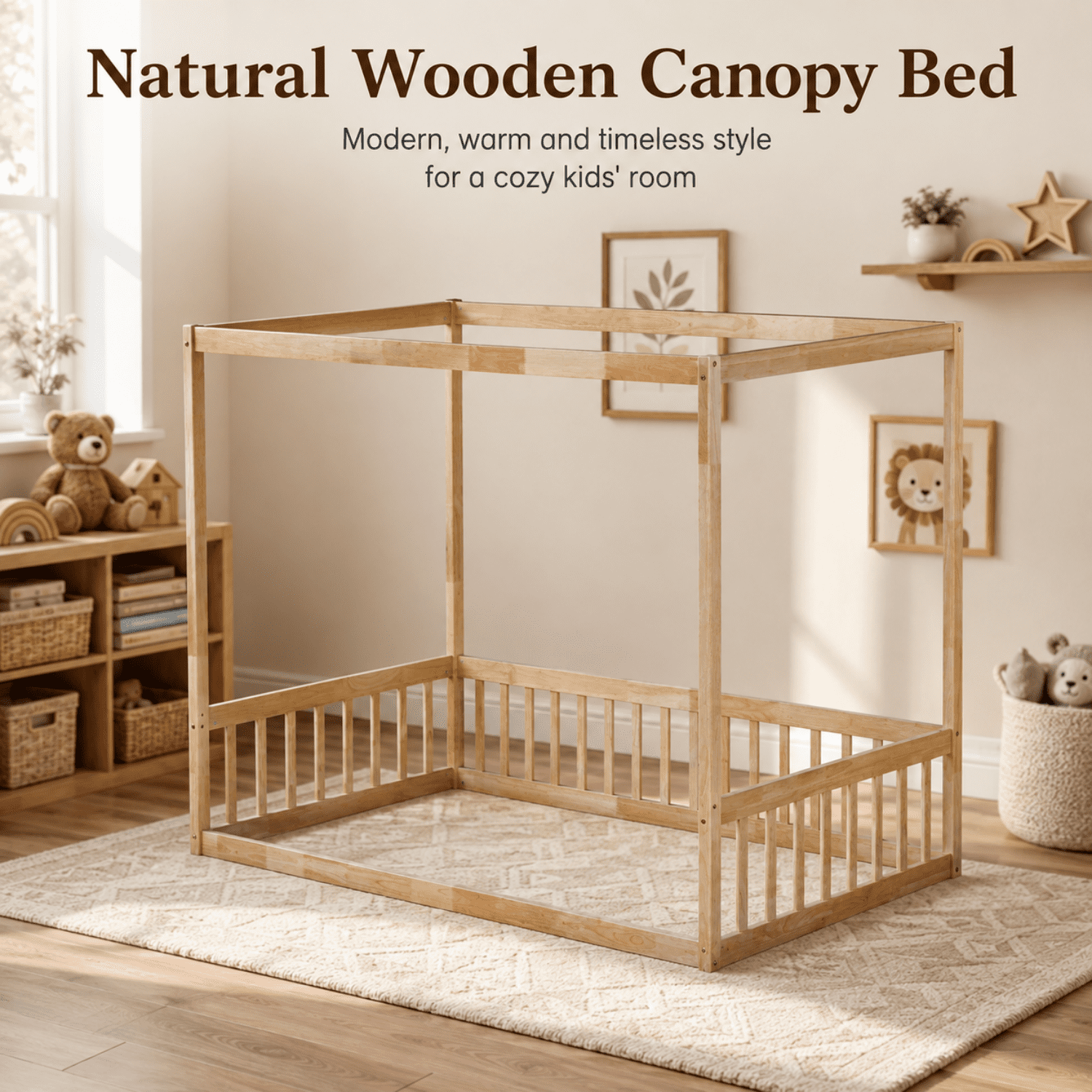 Miniyam Wood Twin Size Canopy Floor Bed with Guardrails for Kids and Teens, Natural