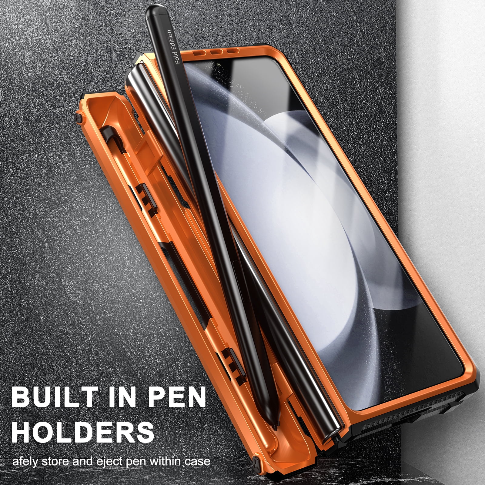 Cowithday for Samsung Galaxy Z Fold 5 Phone Case 2023 7.6", with S Pen Holder & Kickstand & Screen Protector [Wireless Charging], Hinge Protection  Stand Hard Rugged Soft TPU Bumper Cover, Orange