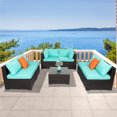 thumbnail image 1 of Wicker Patio Sets, 7 Piece Patio Furniture Sofa Sets with 6 PE Wicker Sofas, Coffee Table, All-Weather Patio Conversation Set with Lake Blue Cushions for Backyard, Porch, Garden, Poolside, LLL27, 1 of 8