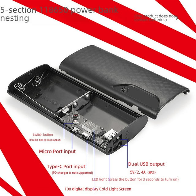 Kit de carcasa de energía móvil de 5 secciones sin soldadura Pantalla digital Caja de batería 18650 Juego de bricolaje de tesoro de carga