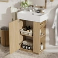 thumbnail image 3 of Modern Bathroom Vanity 21.6" bathroom vanity with ceramic sink, freestanding modern left door wood grain cabinet with open and closed storage for small bathrooms,Wooden Bathroom Vanity, 3 of 22
