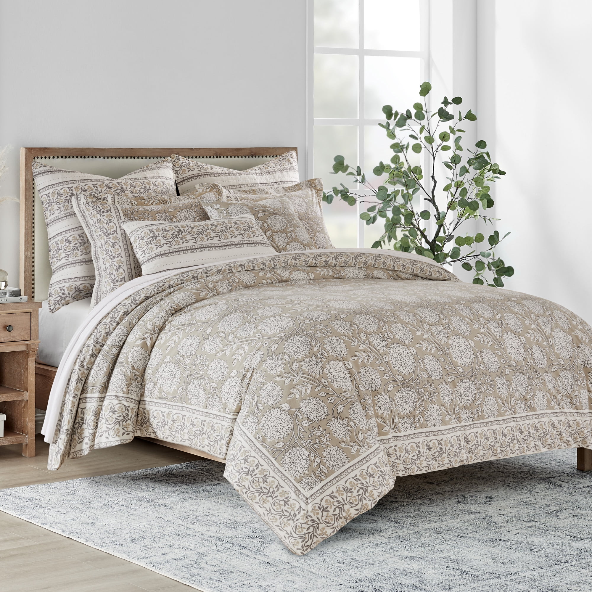 Levtex Home - Adare Taupe Duvet Cover Set - King Duvet Cover + Two King Pillow Cases - Bordered Floral - Taupe Grey and Cream - Duvet Cover (106 x 94in.) and Pillow Case (36 x 20in. ) - Cotton