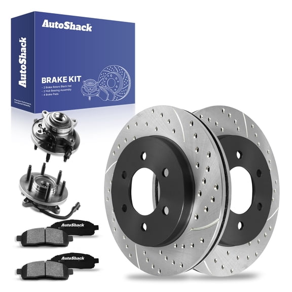 AutoShack Front Drilled & Slotted Brake Rotors Ceramic Brake Pads Wheel Bearing Hub Assembly | Replacement for Lincoln Mark LT 2005-2008 Ford F-150 4WD | E-Coated | 8-PC Brake Kit | ShadowGuard