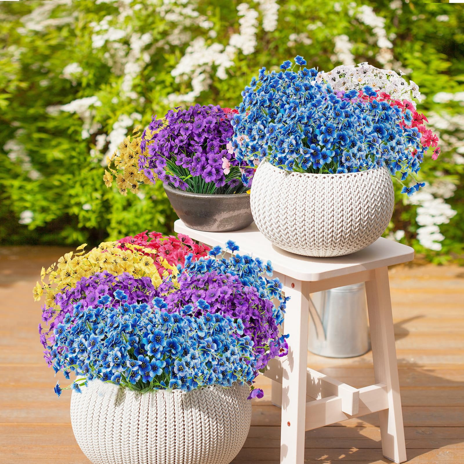 6 Bundles Artificial Silk Violet Flowers Realistic UV Resistant Outdoor Fake Plants for Indoor/Outside, Front Porch, Garden, Hanging Planter, Window Box Decoration (Blue)