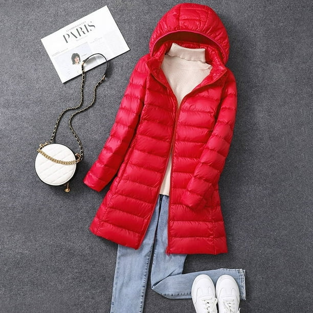 Chaqueta de plumón ligera de otoño e invierno para mujer, plumón de pato blanco largo, versión coreana, abrigo ligero y delgado, abrigo, sombrero