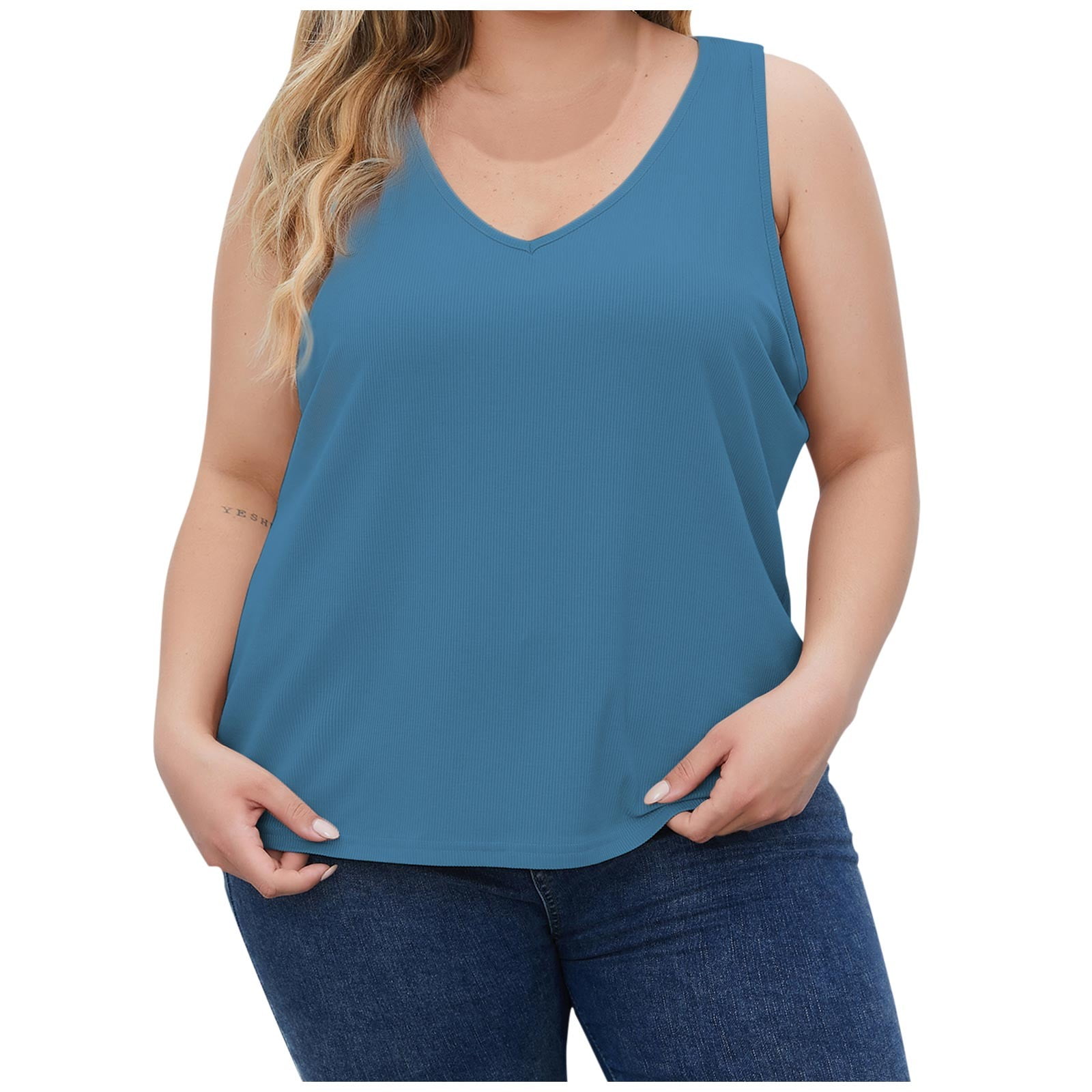 Timegard Womens Plus Size Tank Tops Ribbed V-Neck Comfy Casual Loose Shirt Top Basic Tee Blouse Undershirts