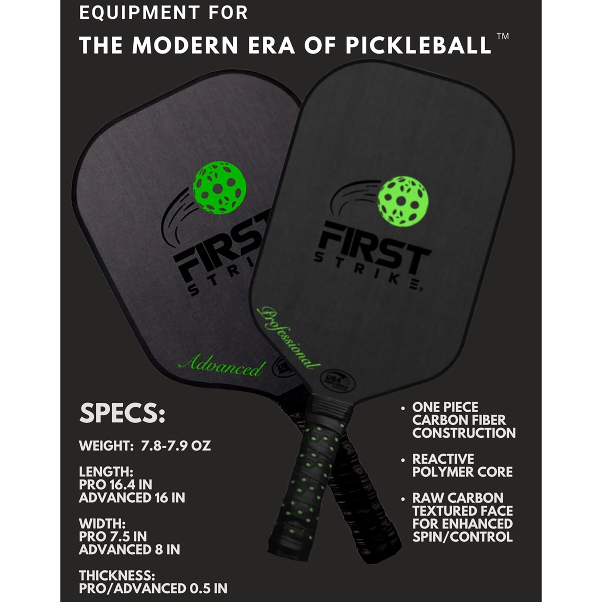 First Strike Pickleball: Professional Pickleball Paddle - Elongated, 16.4 x 7.5", Polymer Core, Carbon Fiber Surface, Advanced Edge Guard, 4 1/4" Grip