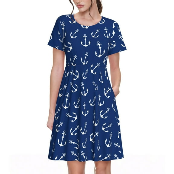 Defioc Nautical Anchors Pattern Womens Summer Dresses Short Sleeve Sundress 2025 Beach Vacation Dresses with Pockets -Small
