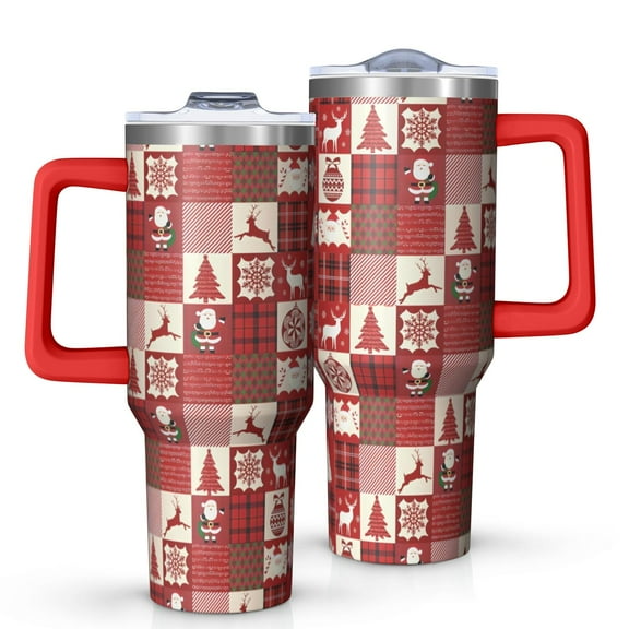 Red Christmas Patchwork Pattern Tumbler with Handle and Lid,40oz Double Wall Vacuum Insulated Tumbler,Cups Gift for Women and Men