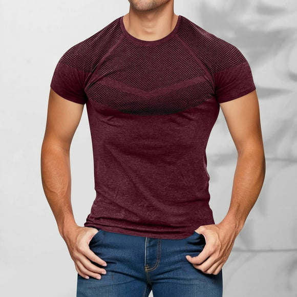 pstuiky Camisas casuales de manga corta para hombre, Camiseta/Camisa informal de manga corta con cuello redondo y color liso para hombre ropa de hombre l