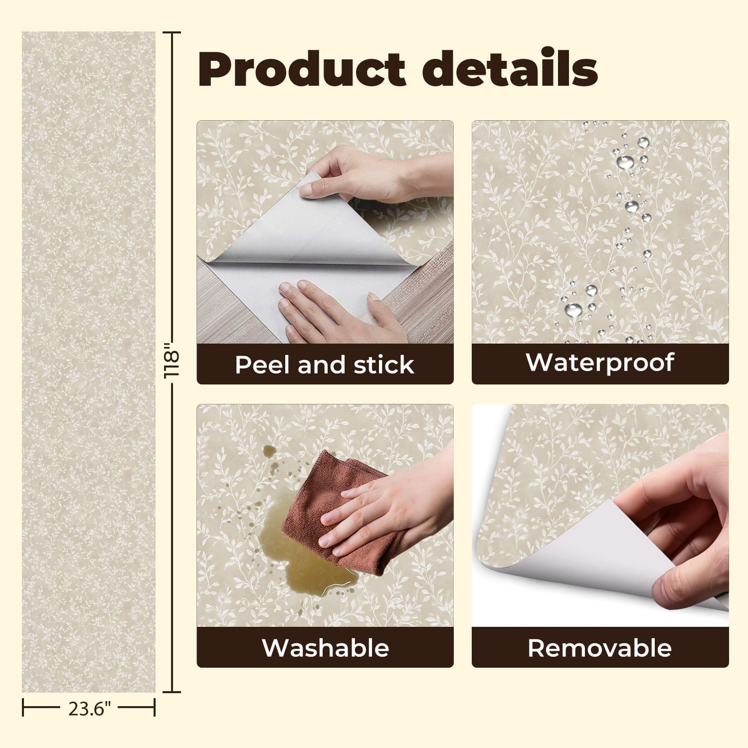 Peel and Stick Wallpaper Elegant Beige Floral Vine Delicate White Leaves Wall Mural 23.6in x 9.8ft Self Adhesive Removable Wall Paper Renter Friendly Wallpaper for Nursery Bedroom Cabinets
