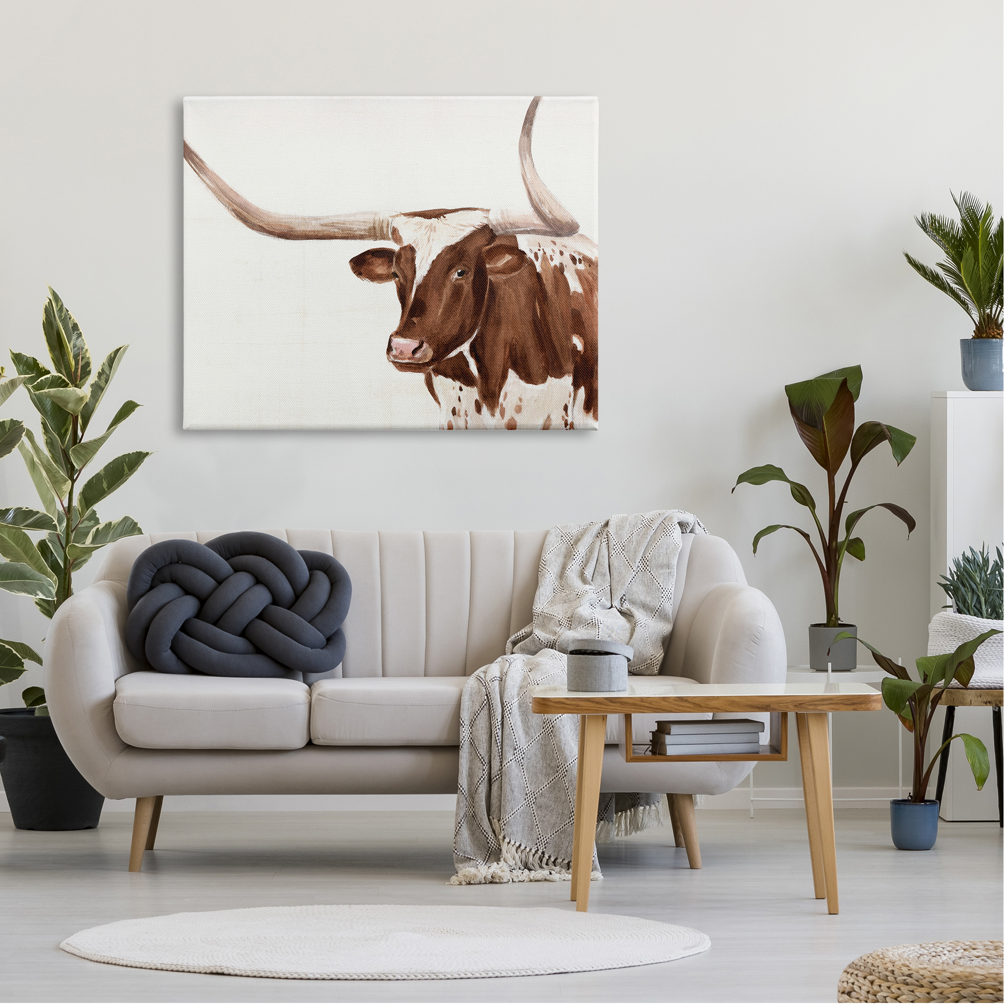 Brown Spotted Longhorn Cow Cattle Farm Illustration Animals & Insects Painting Gallery-Wrapped Canvas Print Wall Art