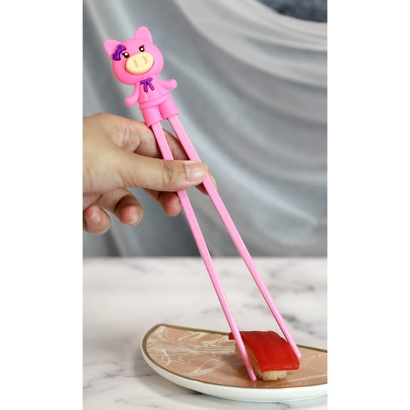 Pink Ribbon Miss Piggy Pig Reusable Training Chopsticks Set With Silicone Helper