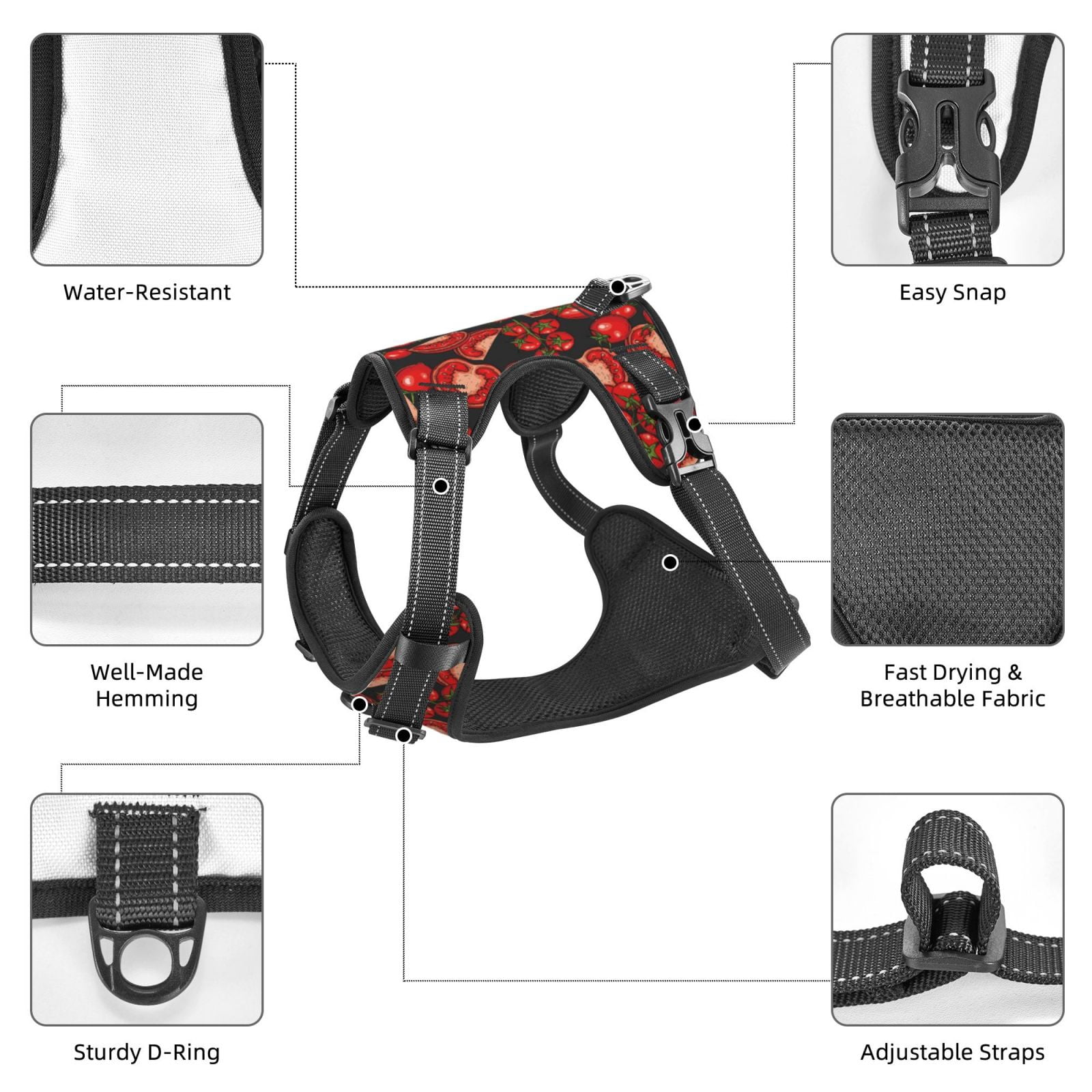 Fuzoiu Tomato Print Reflective Dog Harness,Adjustable, Breathable Pet Vest,Dog Harness No Pull,No Choke Pet Vest for Small, Medium, and Large Dogs-Small