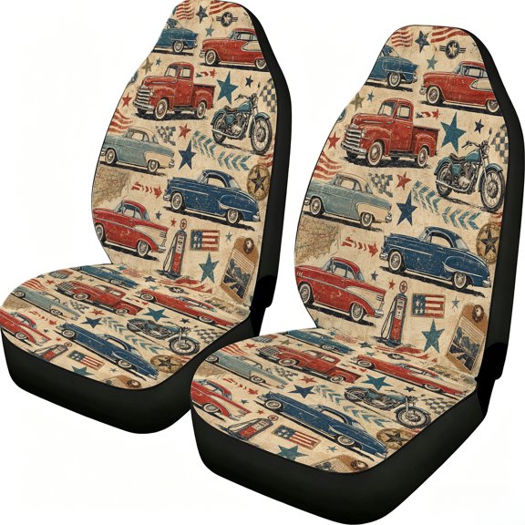 Taplevy Retro Americana Vehicle Car Seat Covers, 2-Piece Front Protectors, Lightweight Mesh Fabric, Universal Fit for Trucks Vans Suvs