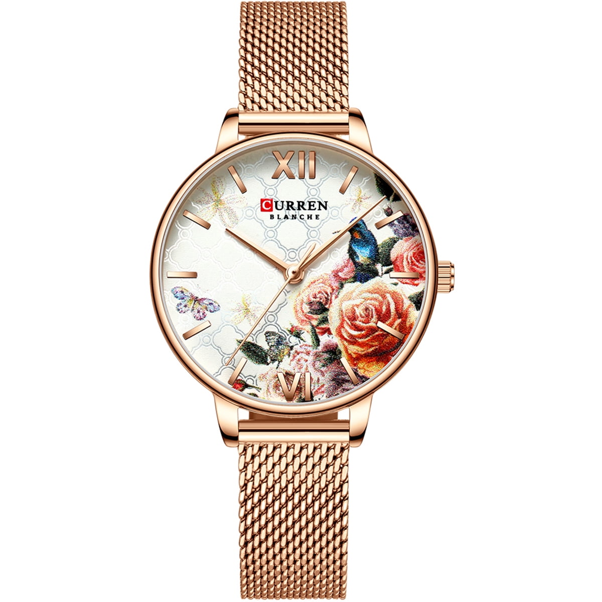 CURREN 9060 Luxury Casual Business Quartz Women Watch Flower Dial Elegant Exquisite Lady Wrist Watch 3ATM Waterproof Clock Wristwatch for Female Ladies with Stainless Steel Mesh Strap Band
