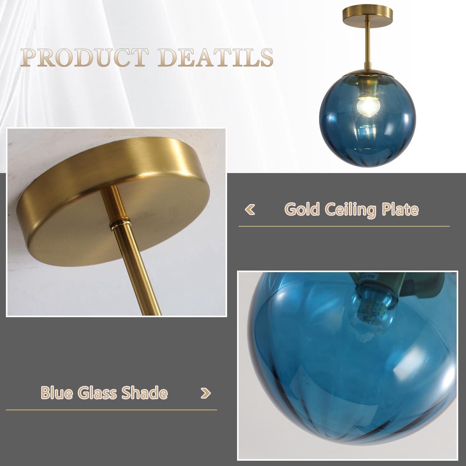 KCO Lighting Modern Large Globe Flush Mount Ceiling Light with Vintage Blue Glass