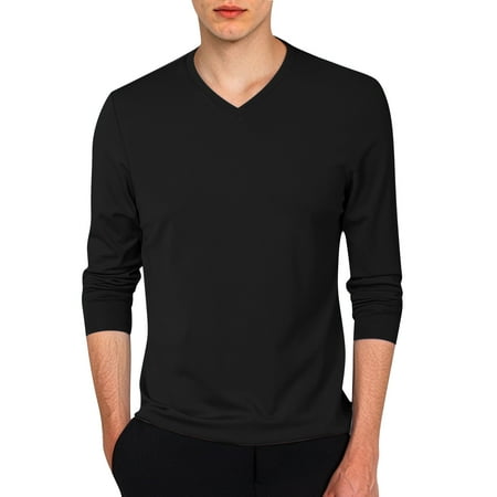 MNCEKFOD Men Summer T Shirts Slim Fit Lightweight V Neck Long Sleeve Tshirts Casual Layering Leisure Mens Tops Black L