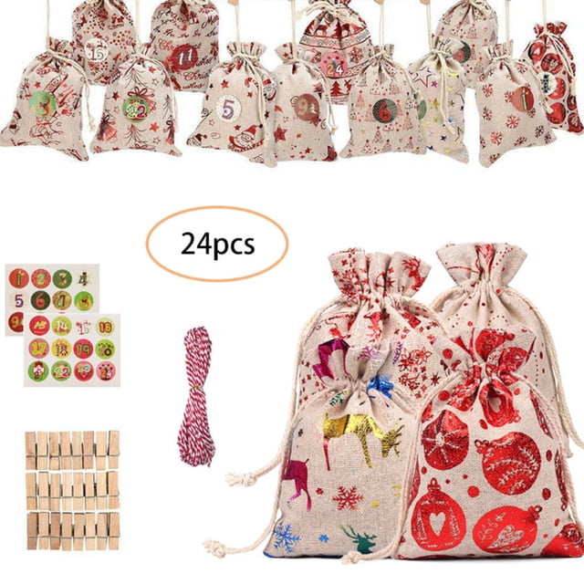 Promotion Sale! Nomeni Christmas Decorations Pattern Calendar Bag Bundle Bag Gift Linen Candy Christmas 124 Cotton Advent Home Decor, Home Calendar Clearance Sale