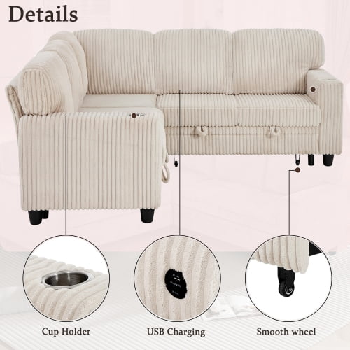 Howcool Modular Sectional Sleeper Sofa, 81" L-Shaped Oversized Cloud Couch with Pull-Out Bed, 5-Seat Corduroy Sofa with Storage Chaise, USB Charging and Cup Holders for Living Room Apartment,Beige