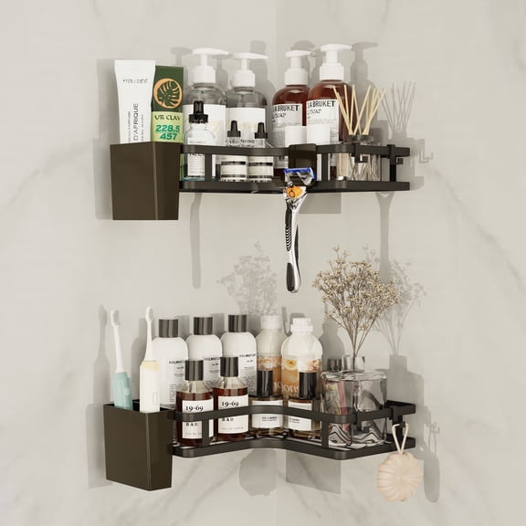 Topritt Corner Shower Caddy, 2-Pack No Drill Adhesive Organizer with 2 Toothbrush Holders & Hooks, Space-Saving Bathroom/Kitchen Storage Shelf for Shower Corner (90° Angle Only)