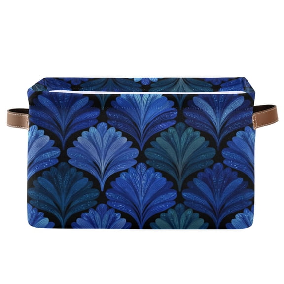 1-Pack Square Closet Organizers with Handles Open Basket Bins Blue Batik Leaves Pattern Storage Basket for Home Office