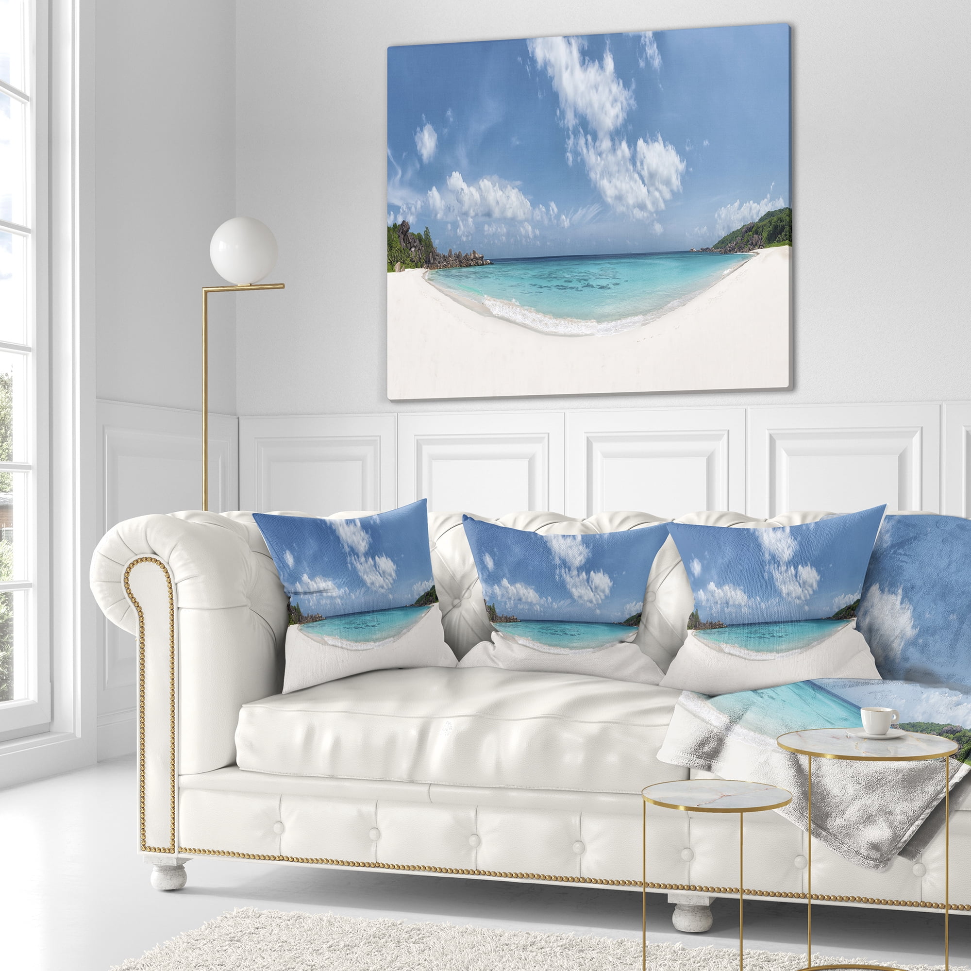 Designart Majestic Seychelles Beach Panorama - Seascape Throw Pillow - 18x18