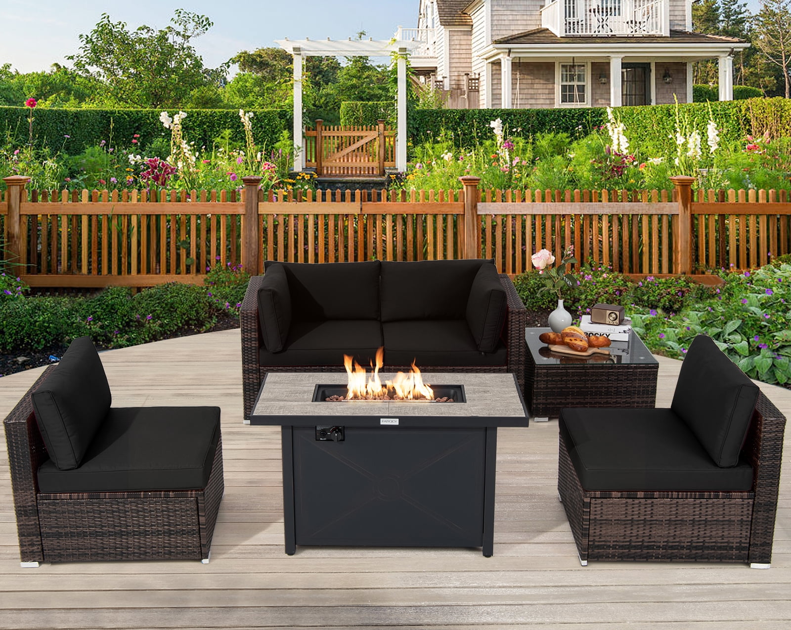 Costway 6PCS Patio Furniture Set Rattan Cushioned Sofa Gas Fire Pit Table Black
