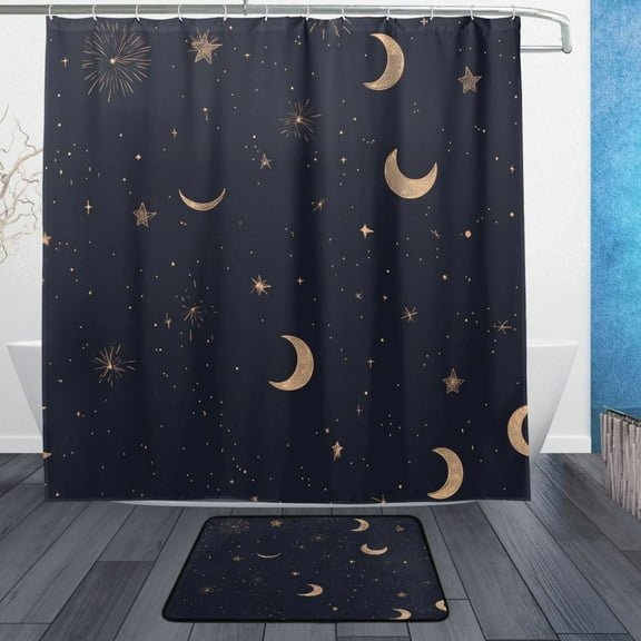Starry Night Bathroom Accessory Sets Waterproof Shower Curtain with Anti-Slip Bath Mat Durable Combo