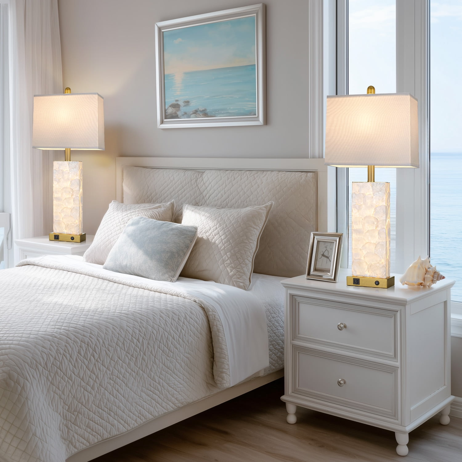 Cinkeda 28" Coastal Table Lamps Set of 2, Seashell Bedside Lamps with Dual Lighting & USB A+C Ports, Modern Beach House Nightstand Lights in Gold