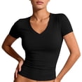 thumbnail image 2 of WULMLEO Womens Shirts Summer Y2k Short Sleeve V Neck T-Shirts Basic Slim Fit 2026 Tshirts Comfy Casual Lightweight Blouses Black XL, 2 of 7