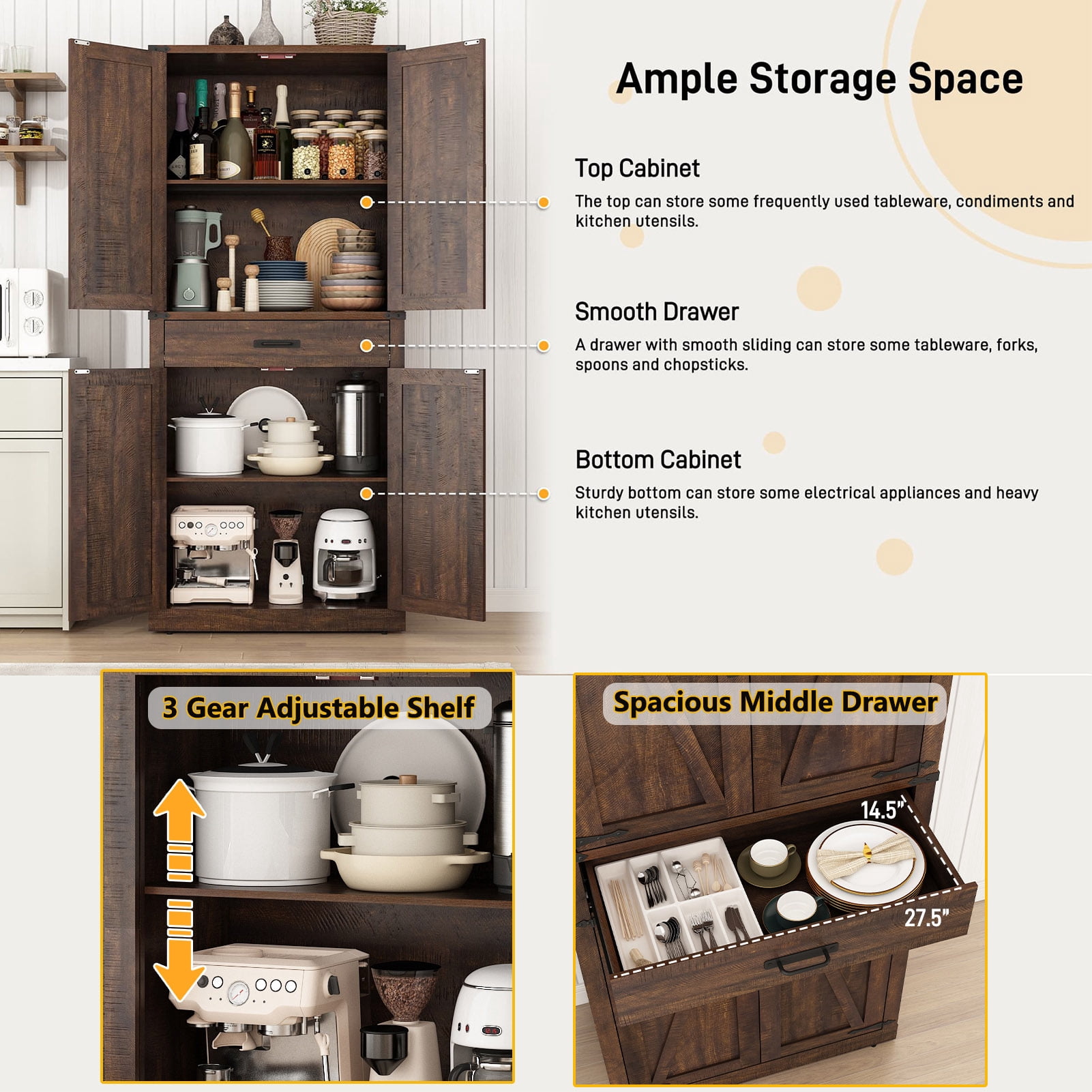 72" Tall Farmhouse Kitchen Pantry Cabinet w/1 Drawer & 4 Roomy Storage Shelves, Versatile Wood Storage Cabinet with 4 Barn Door & Adjustable Shelves & for Dining Room Bathroom Utility Room