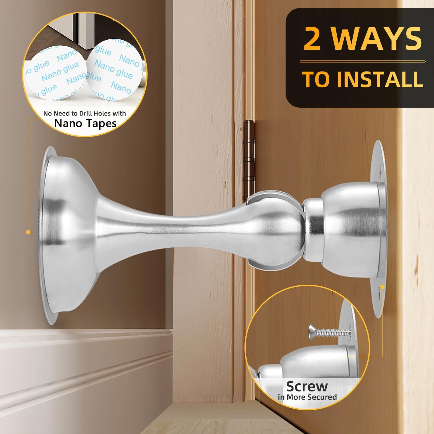 JJEAN-8 Pack Magnetic Door Stop No Drilling Door Stop with 3D Adhesive Tapes Keep Door Open Door Stainless Steel Screws for Stronger Mount (Silver)