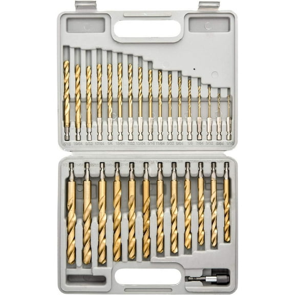 TOOLUXE 10055L Hex Shank Drill Bit Set, 30 Pc, Titanium Coated Metal Drill Bits, Quick Change Design, Small Drill Bits from 1/16" - 1/2" Large Drill Bits, High Speed Steel Impact Driver Drillbits