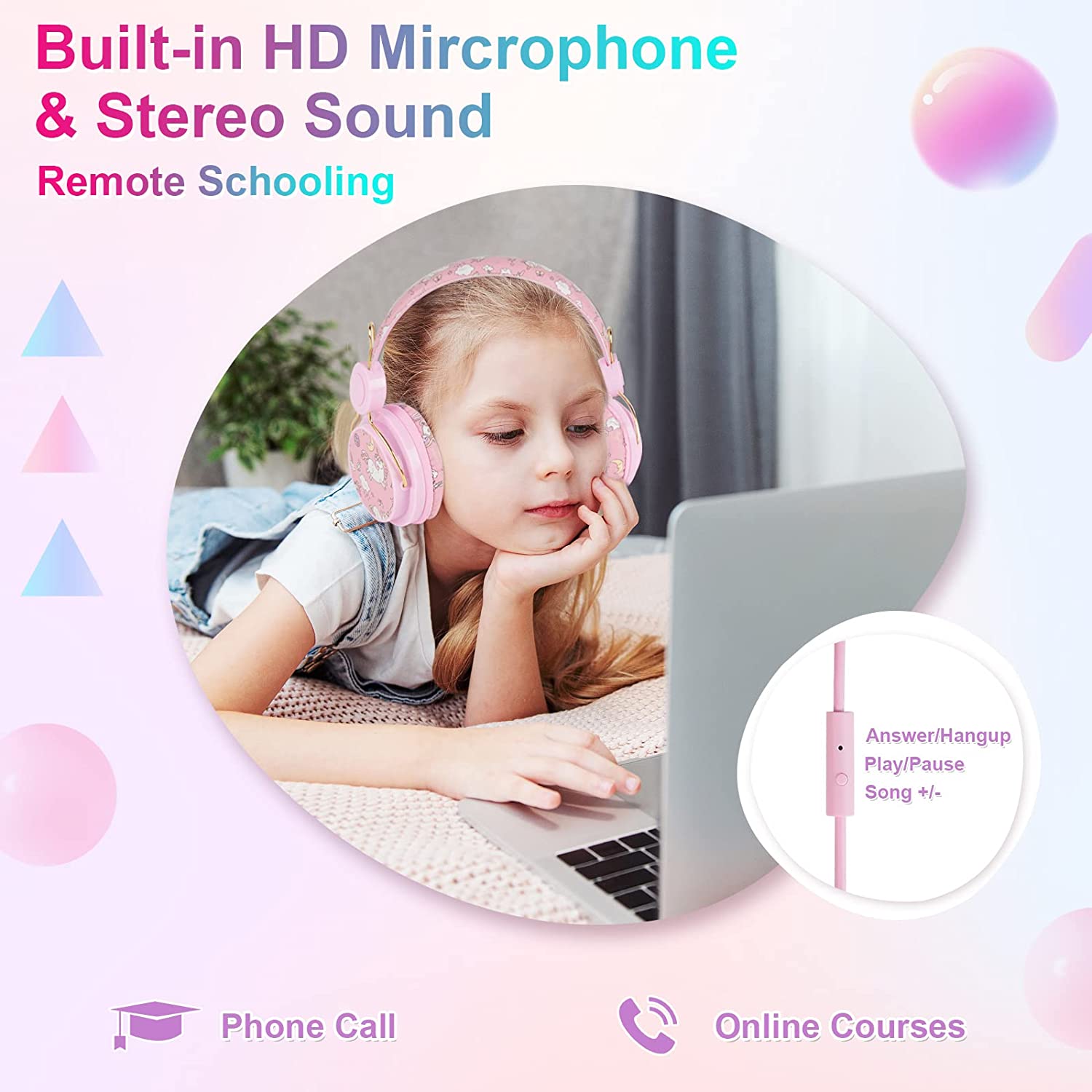 TCJJ Unicorn Kids Wired Headphones with Volume Limiting, Pink photo 7