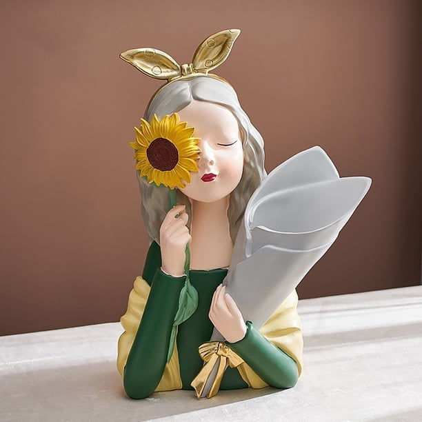 Xihbxyly Jarrón de Flores para Niña, Diseño de Figura de Resina, Maceta Suculenta con Bandeja y Taza de Café, Decoración Moderna de Escritorio, Elegante Decoración para El Hogar y La Oficina, Regalo