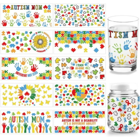 10 Pcs Autism Awareness UV DTF Cup Wrap Transfer Sticker 10 Styles Colorful Handprint Transfer Paper Rub on Stickers PVC Cup Wrap Waterproof Rub Decals for Glass 24x11cm/9.4x11inch