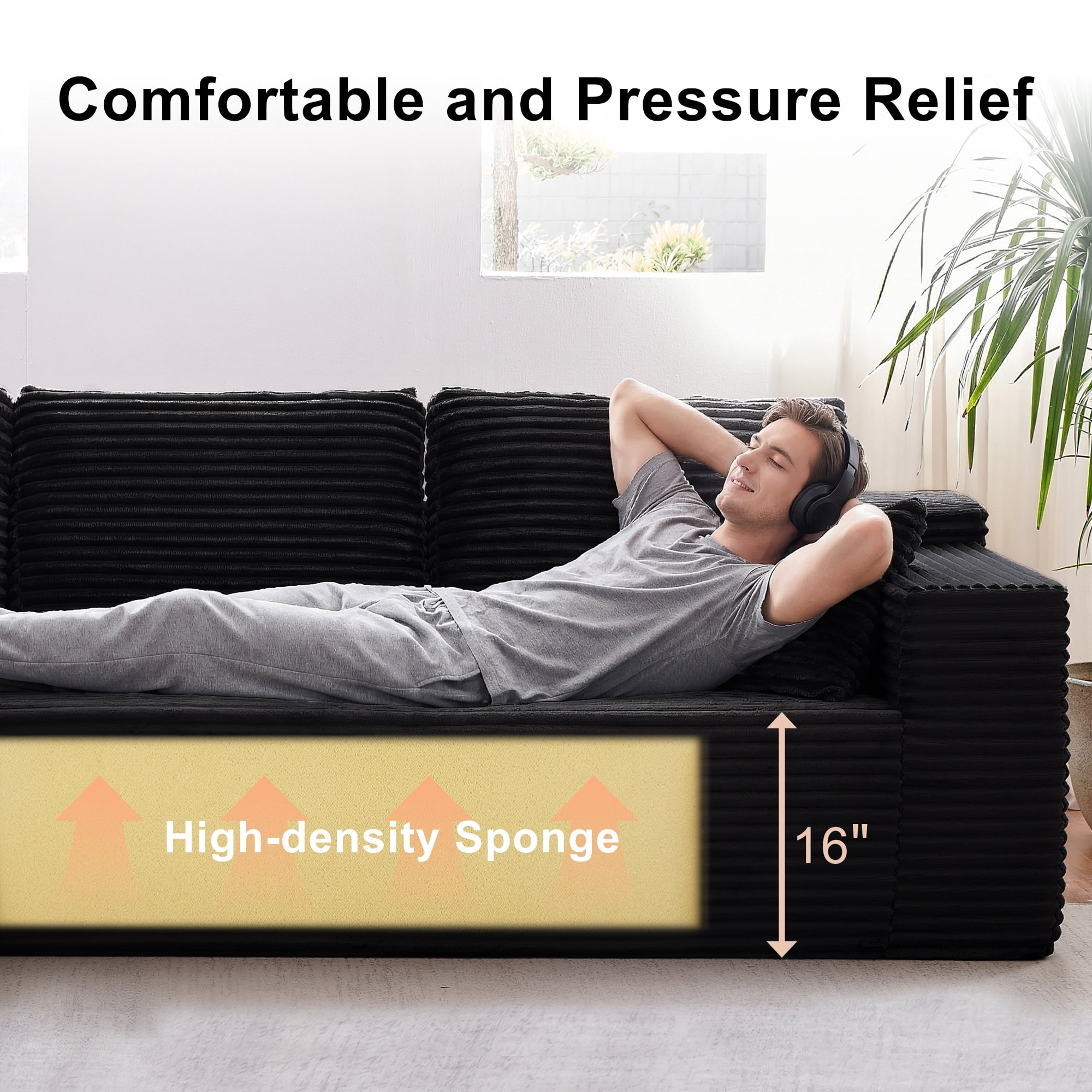 Actoroom 106" Modular Sectional Couch, L-Shape Boneless Cloud Couch, 4 in 1 Convertible Upholstered Sofa for Living Room, Black